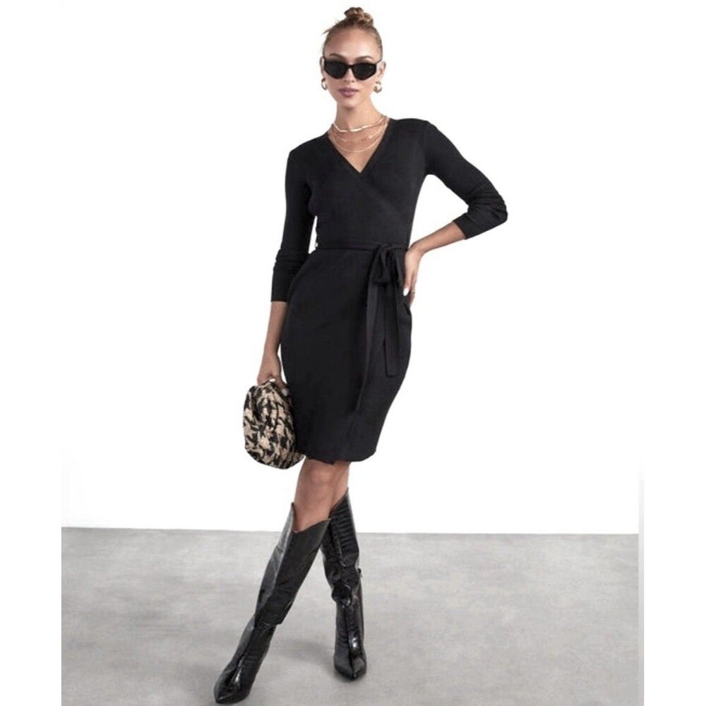 Banana Republic Sweater Dress Size Small Petite Black Ribbed Wrap Knee Length - Picture 3 of 9